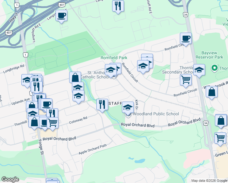 map of restaurants, bars, coffee shops, grocery stores, and more near 14 Thorny Brae Drive in Markham