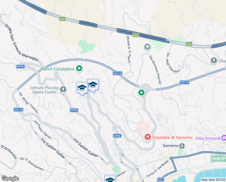 map of restaurants, bars, coffee shops, grocery stores, and more near 62 Strada A. San Pietro in Sanremo