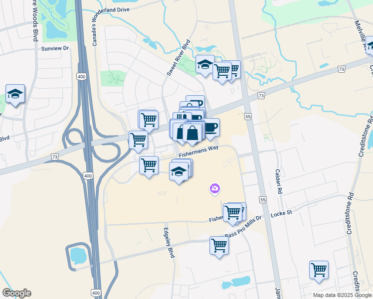 map of restaurants, bars, coffee shops, grocery stores, and more near in Vaughan
