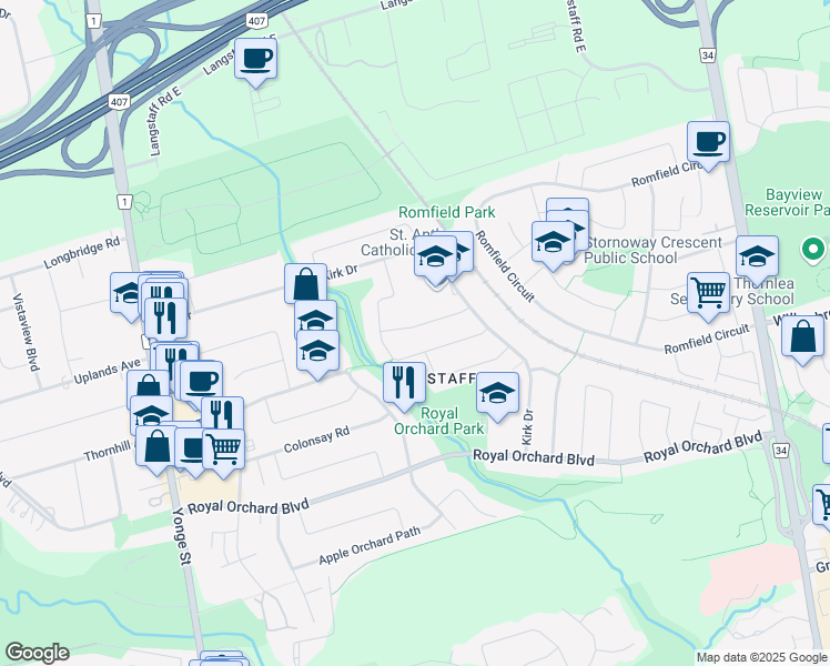 map of restaurants, bars, coffee shops, grocery stores, and more near 9 Banquo Road in Markham