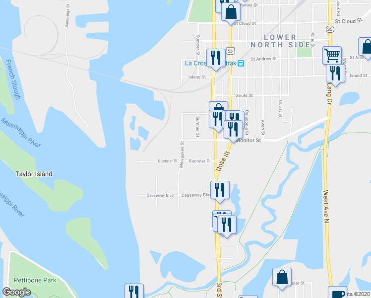 map of restaurants, bars, coffee shops, grocery stores, and more near 215 Milwaukee Street in La Crosse