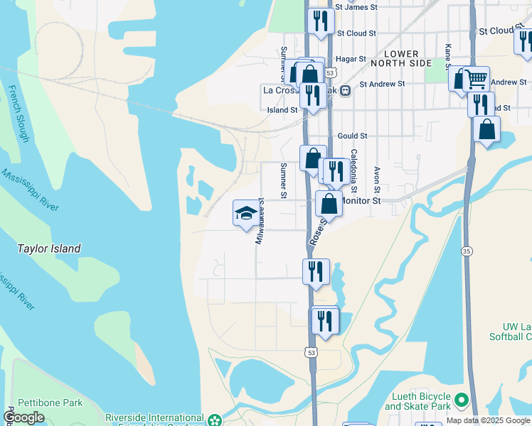 map of restaurants, bars, coffee shops, grocery stores, and more near 124 Milwaukee Street in La Crosse