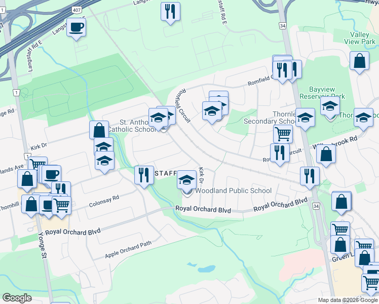 map of restaurants, bars, coffee shops, grocery stores, and more near 166 Kirk Drive in Markham
