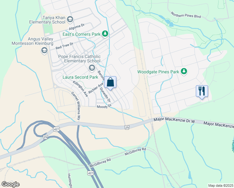 map of restaurants, bars, coffee shops, grocery stores, and more near 115 Barons Street in Vaughan