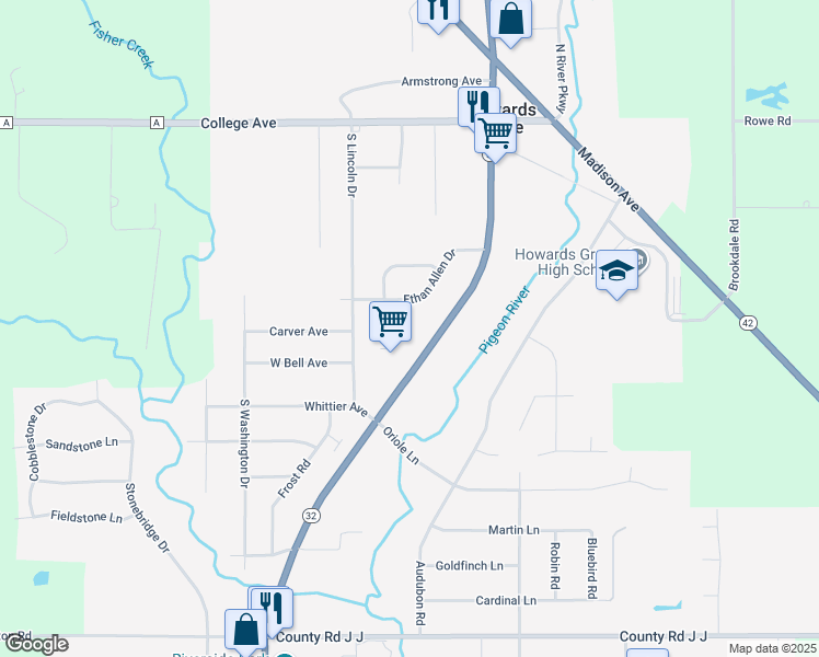 map of restaurants, bars, coffee shops, grocery stores, and more near 620 South Wisconsin Drive in Howards Grove