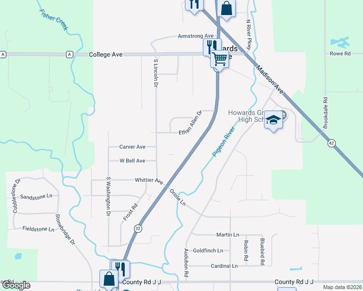 map of restaurants, bars, coffee shops, grocery stores, and more near 620 South Wisconsin Drive in Howards Grove