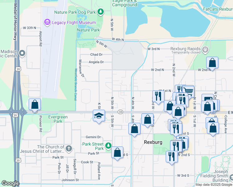 map of restaurants, bars, coffee shops, grocery stores, and more near 471 West 1st North in Rexburg