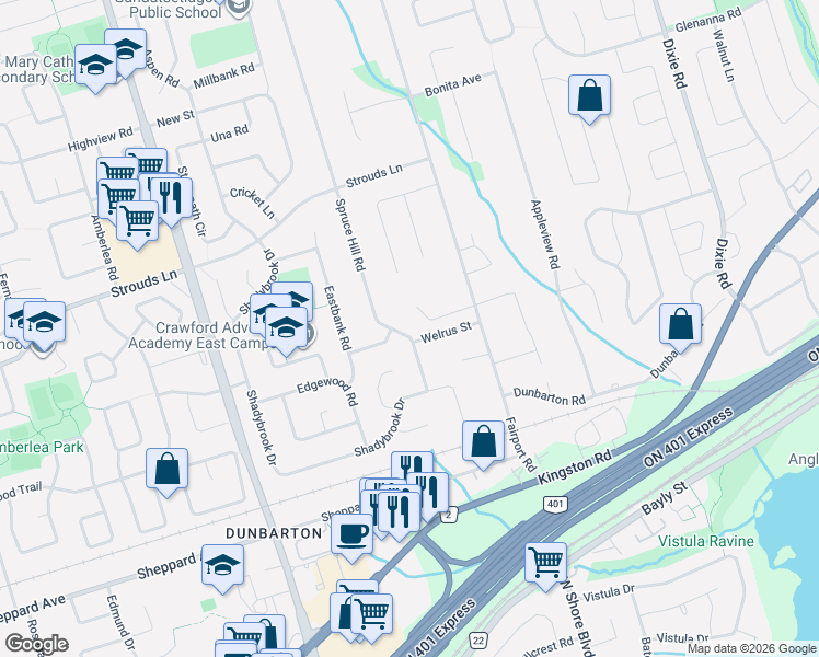map of restaurants, bars, coffee shops, grocery stores, and more near 1773 Spruce Hill Road in Pickering