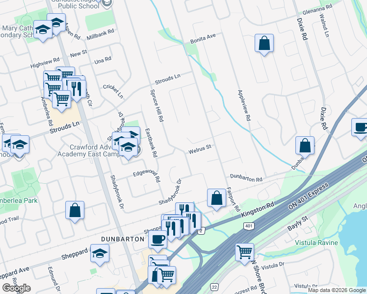 map of restaurants, bars, coffee shops, grocery stores, and more near 831 Wingarden Crescent in Pickering