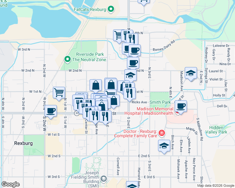 map of restaurants, bars, coffee shops, grocery stores, and more near 125 East 1st North in Rexburg