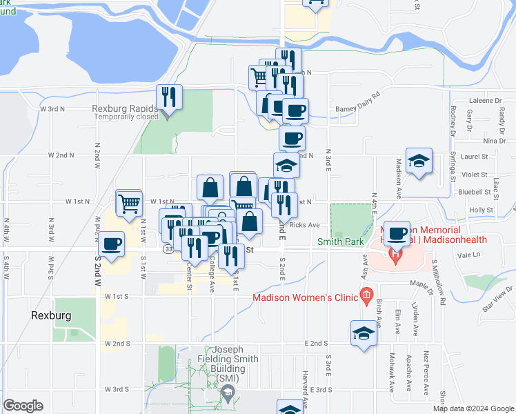 map of restaurants, bars, coffee shops, grocery stores, and more near 138 East 1st North in Rexburg