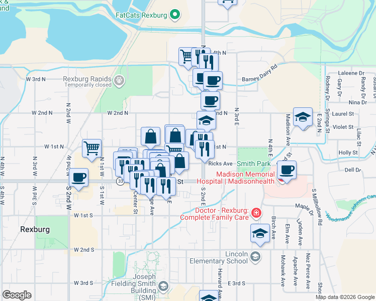 map of restaurants, bars, coffee shops, grocery stores, and more near 125 East 1st North in Rexburg
