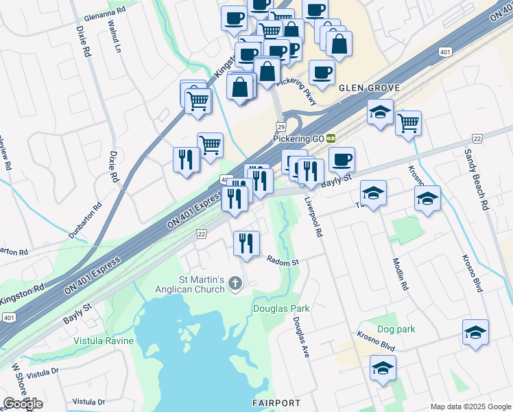 map of restaurants, bars, coffee shops, grocery stores, and more near 1261 Bayly Street in Pickering