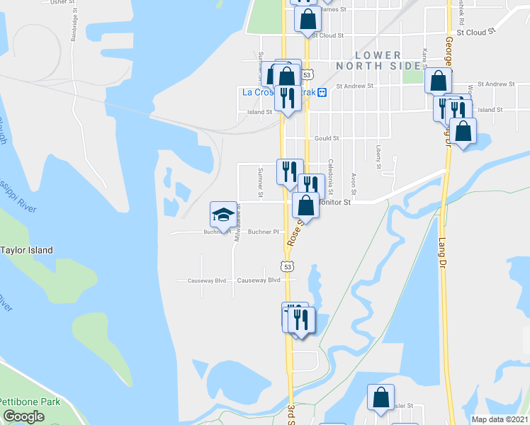 map of restaurants, bars, coffee shops, grocery stores, and more near 157 Sumner Street in La Crosse
