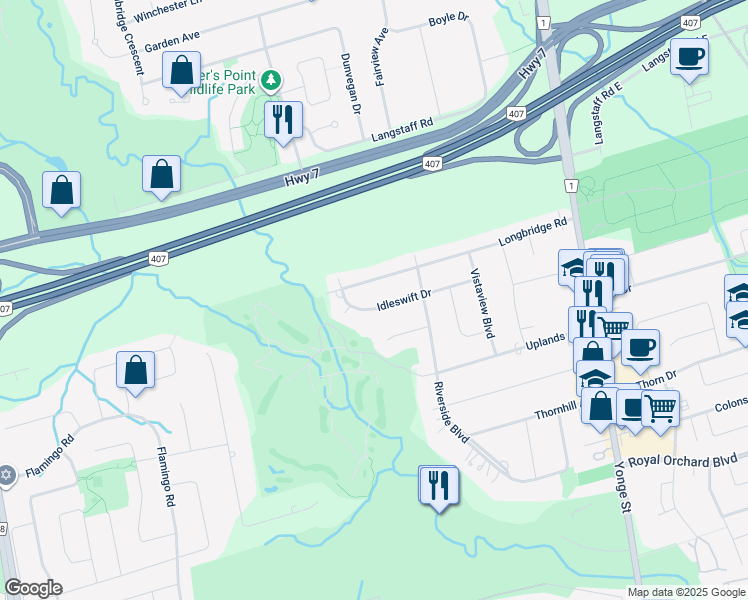 map of restaurants, bars, coffee shops, grocery stores, and more near 30 Idleswift Drive in Vaughan