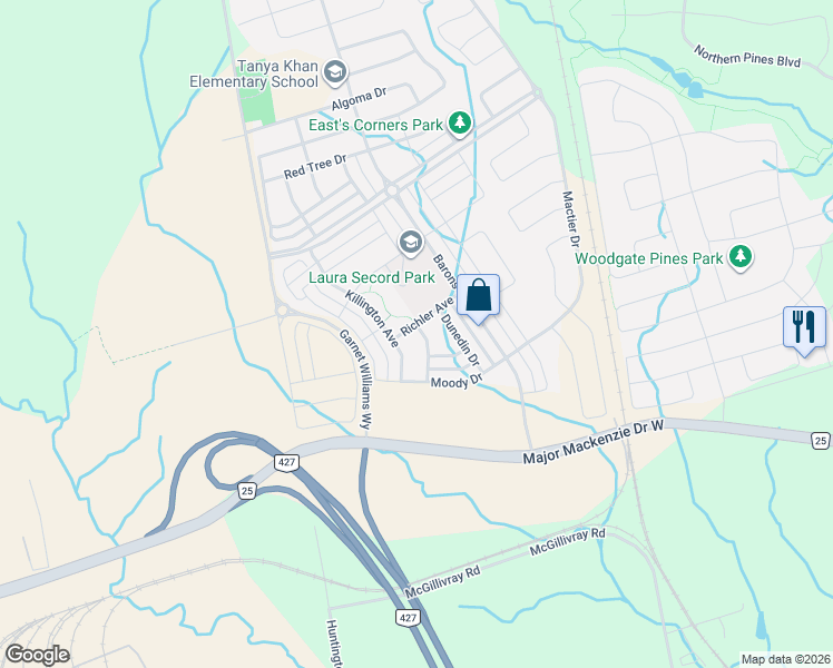 map of restaurants, bars, coffee shops, grocery stores, and more near 91 Richler Avenue in Vaughan