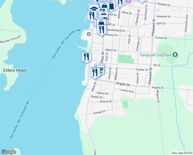 map of restaurants, bars, coffee shops, grocery stores, and more near 94 Main Street in Yarmouth