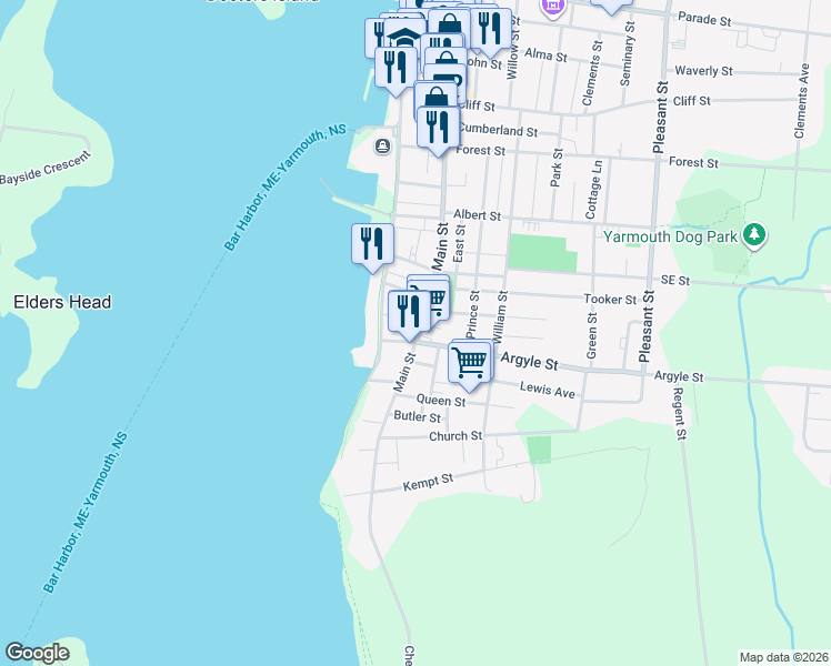 map of restaurants, bars, coffee shops, grocery stores, and more near 94 Main Street in Yarmouth