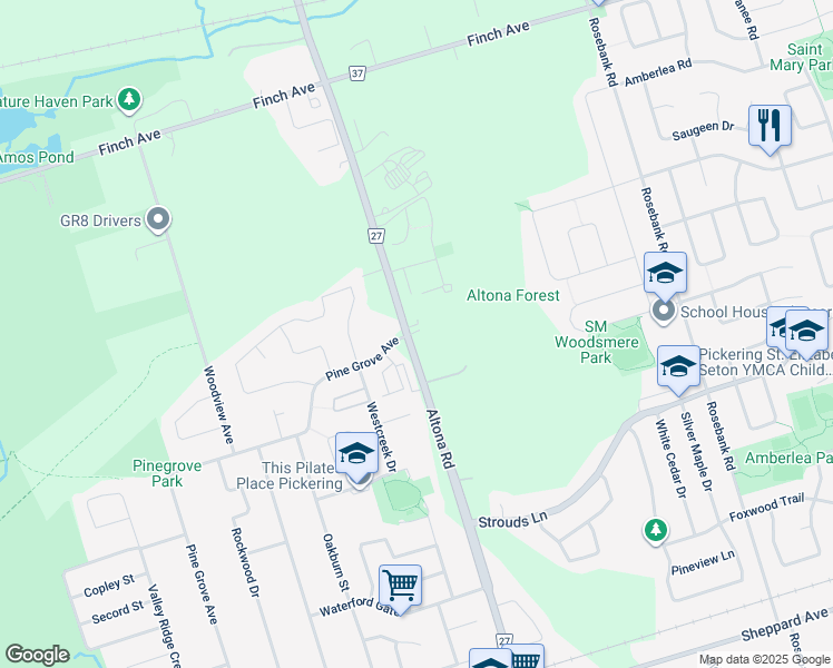 map of restaurants, bars, coffee shops, grocery stores, and more near 1883 Altona Road in Pickering