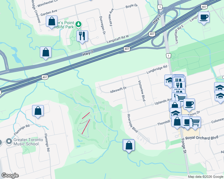map of restaurants, bars, coffee shops, grocery stores, and more near 28 Idleswift Drive in Vaughan