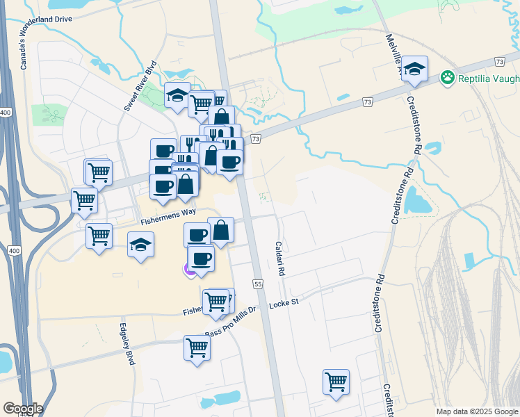 map of restaurants, bars, coffee shops, grocery stores, and more near 9075 Jane Street in Vaughan