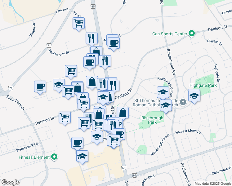 map of restaurants, bars, coffee shops, grocery stores, and more near 7255 Warden Avenue in Markham