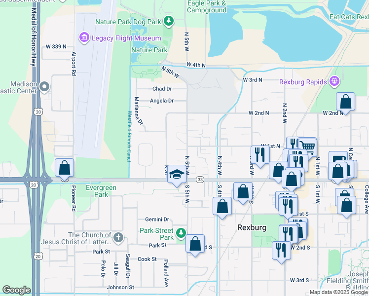 map of restaurants, bars, coffee shops, grocery stores, and more near 100 North 5th West in Rexburg