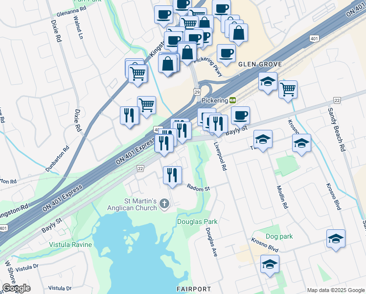 map of restaurants, bars, coffee shops, grocery stores, and more near 1261 Bayly Street in Pickering