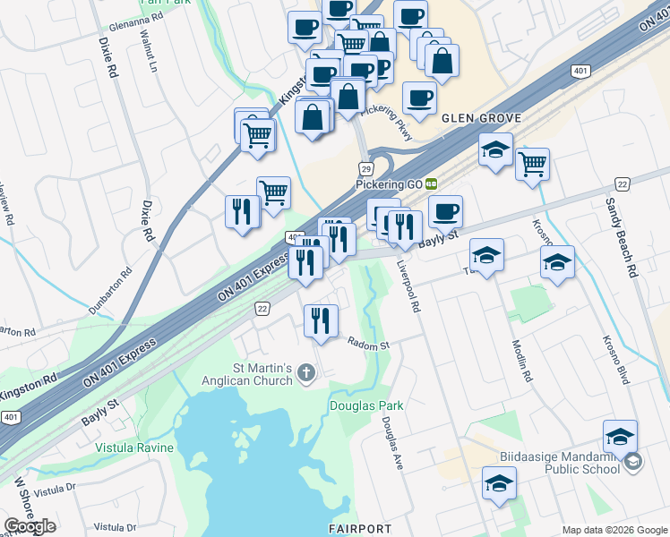map of restaurants, bars, coffee shops, grocery stores, and more near 1245 Bayly Street in Pickering