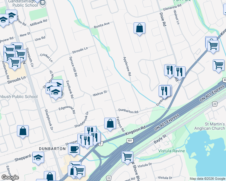 map of restaurants, bars, coffee shops, grocery stores, and more near 1781 Fairport Road in Pickering