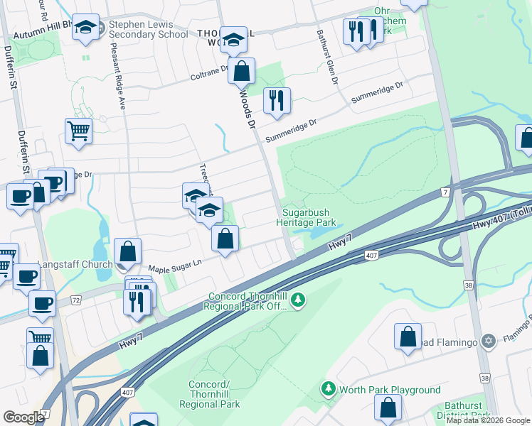 map of restaurants, bars, coffee shops, grocery stores, and more near 116 Bentwood Crescent in Vaughan