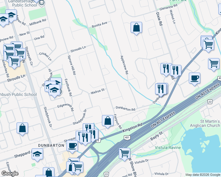 map of restaurants, bars, coffee shops, grocery stores, and more near 1672 Goldenridge Road in Pickering