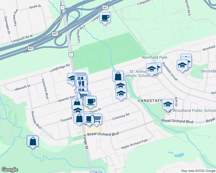 map of restaurants, bars, coffee shops, grocery stores, and more near 58 Normark Drive in Markham