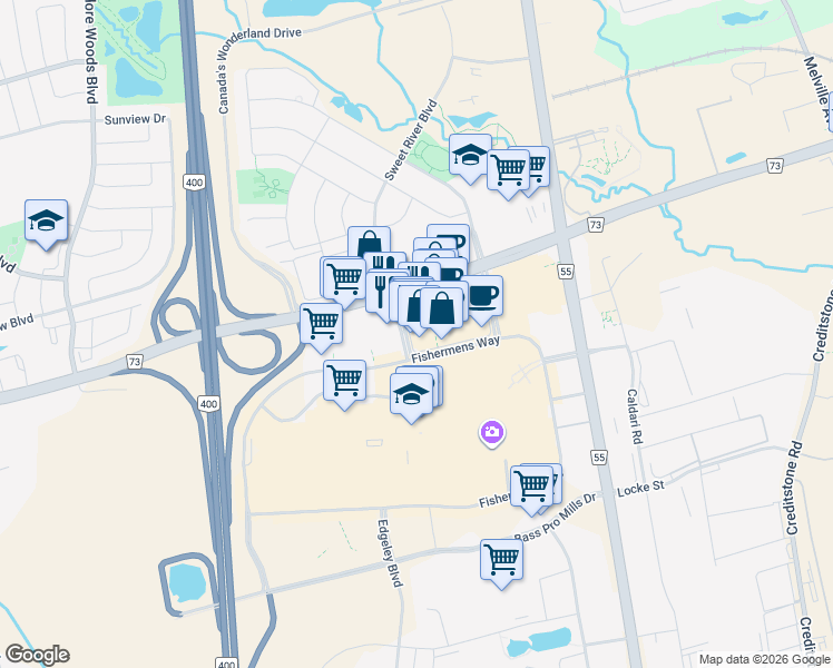 map of restaurants, bars, coffee shops, grocery stores, and more near 3175 Rutherford Road in Vaughan
