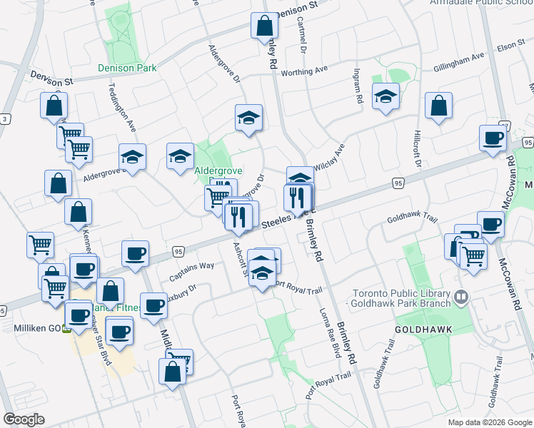 map of restaurants, bars, coffee shops, grocery stores, and more near 51 Hornchurch Crescent in Markham