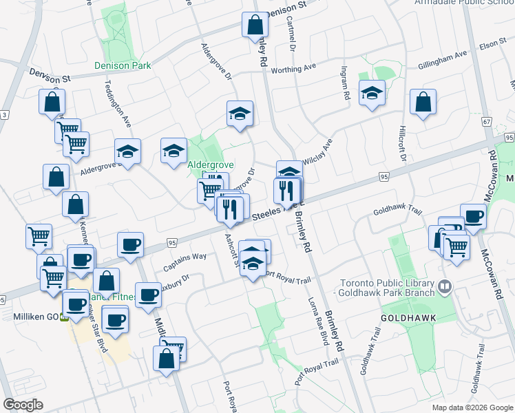 map of restaurants, bars, coffee shops, grocery stores, and more near in Markham