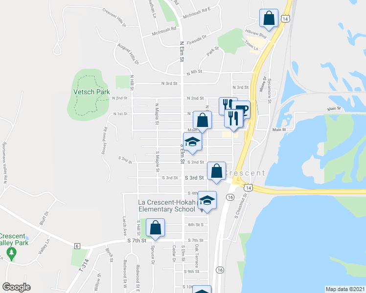 map of restaurants, bars, coffee shops, grocery stores, and more near 498 South 1st Street in La Crescent