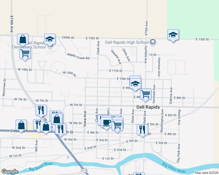 map of restaurants, bars, coffee shops, grocery stores, and more near 400 East 9th Street in Dell Rapids