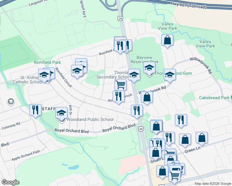 map of restaurants, bars, coffee shops, grocery stores, and more near 17 Rothsay Road in Markham