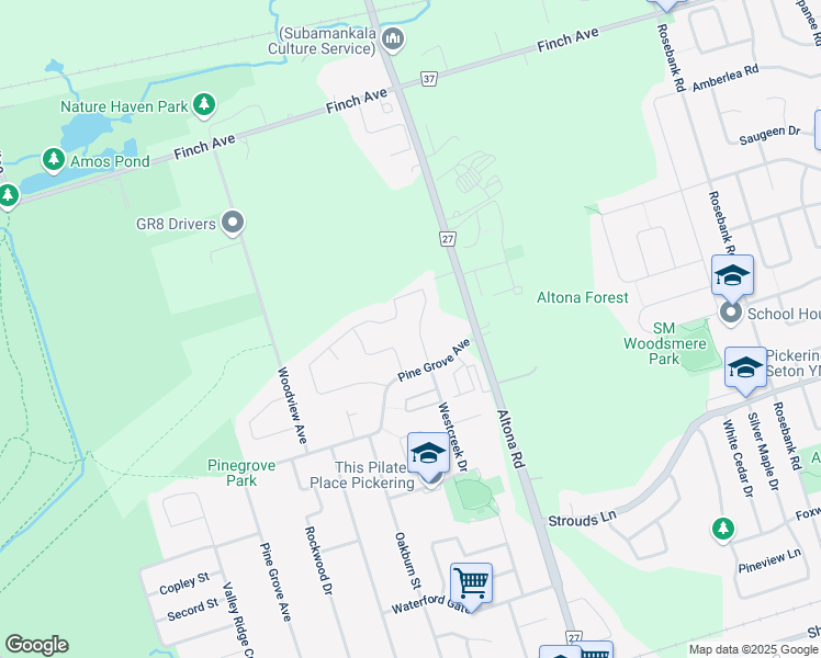 map of restaurants, bars, coffee shops, grocery stores, and more near 1511 Sandhurst Crescent in Pickering