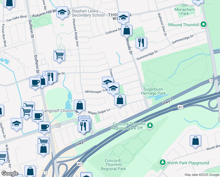 map of restaurants, bars, coffee shops, grocery stores, and more near Mistysugar Trail in Vaughan