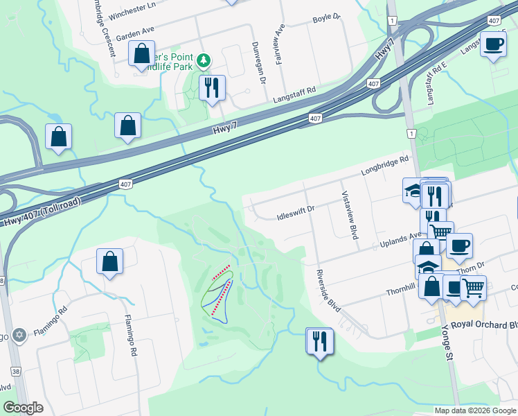 map of restaurants, bars, coffee shops, grocery stores, and more near 57 Longbridge Road in Vaughan
