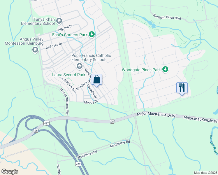 map of restaurants, bars, coffee shops, grocery stores, and more near 11 Pelee Avenue in Vaughan