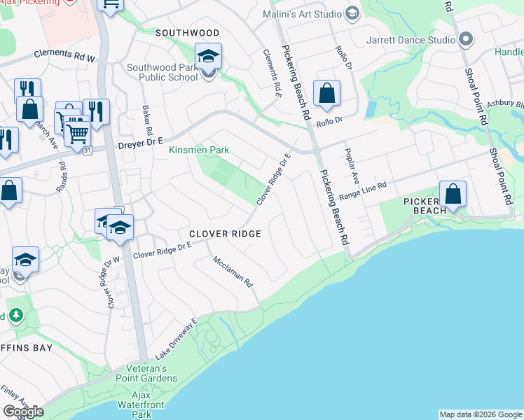 map of restaurants, bars, coffee shops, grocery stores, and more near 117 Clover Ridge Drive East in Ajax