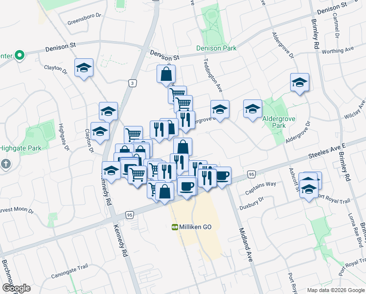 map of restaurants, bars, coffee shops, grocery stores, and more near 168 Old Kennedy Road in Markham