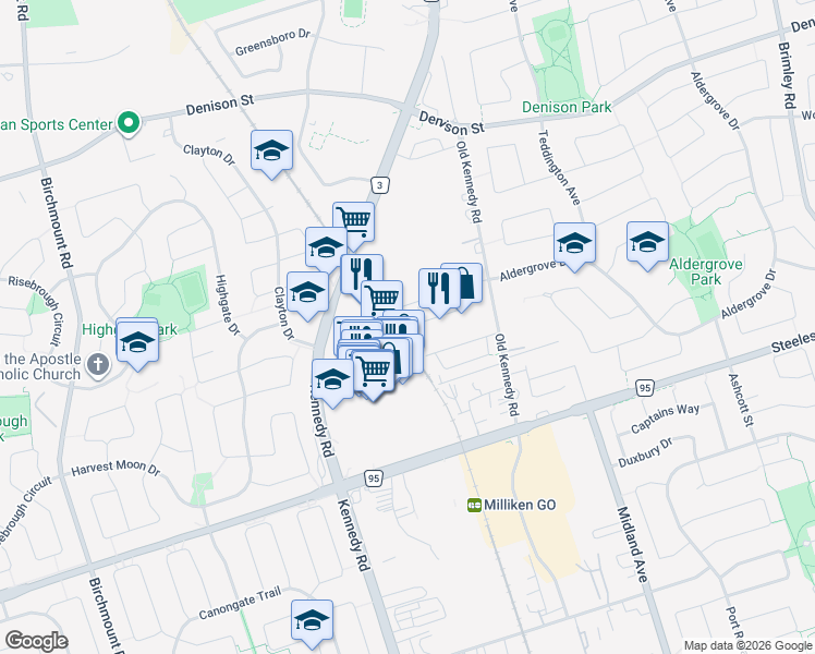 map of restaurants, bars, coffee shops, grocery stores, and more near 38 Comely Way in Markham