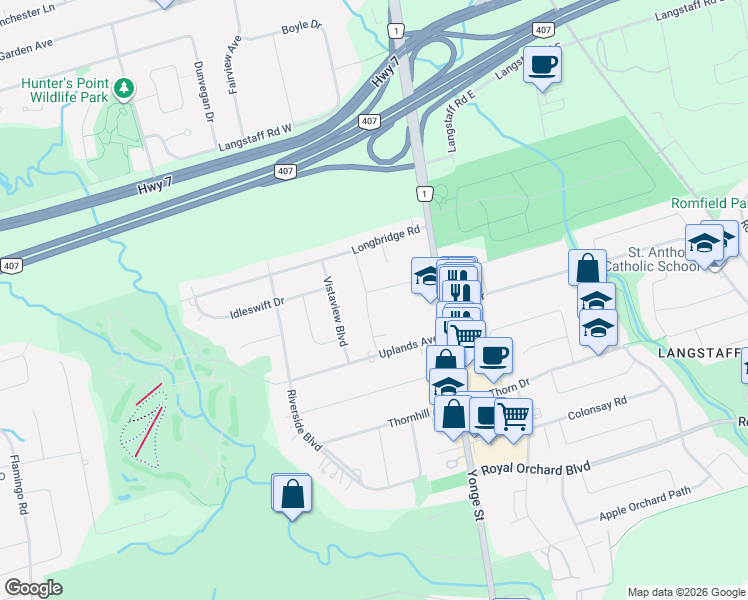map of restaurants, bars, coffee shops, grocery stores, and more near 15 Bunker Road in Vaughan