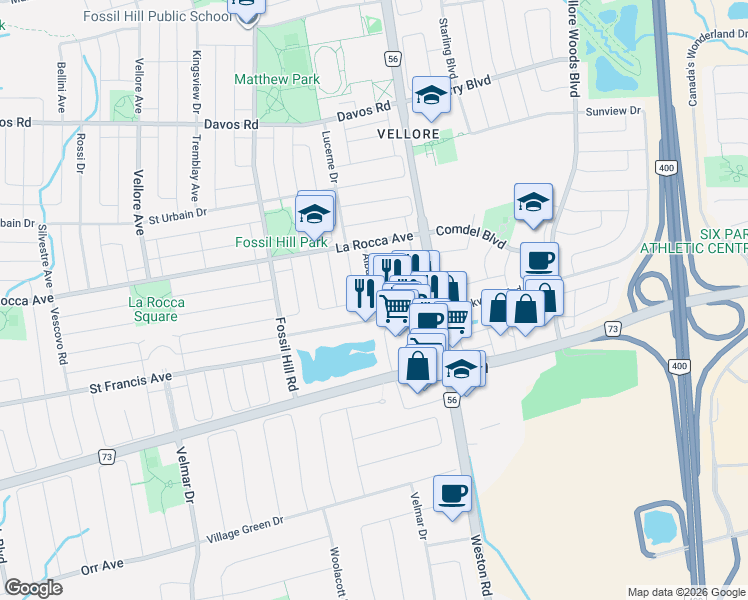 map of restaurants, bars, coffee shops, grocery stores, and more near 140 Alba Avenue in Vaughan