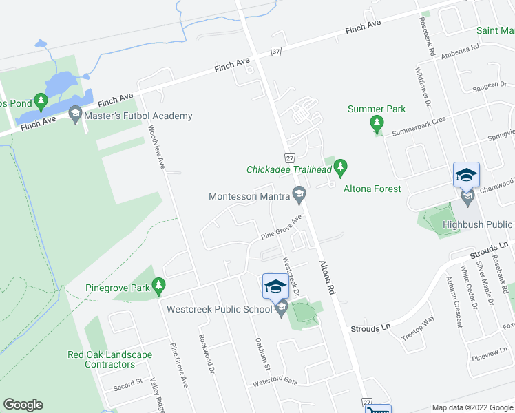 map of restaurants, bars, coffee shops, grocery stores, and more near 1511 Sandhurst Crescent in Pickering