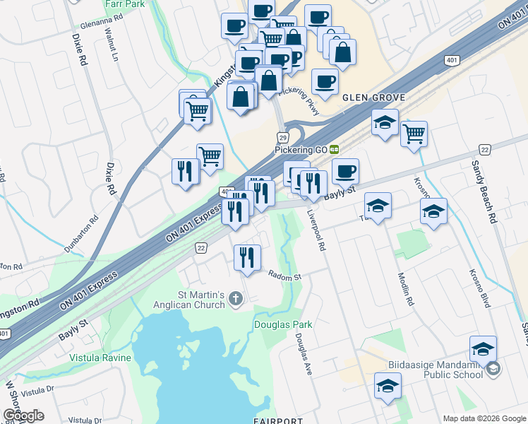 map of restaurants, bars, coffee shops, grocery stores, and more near 1235 Bayly Street in Pickering